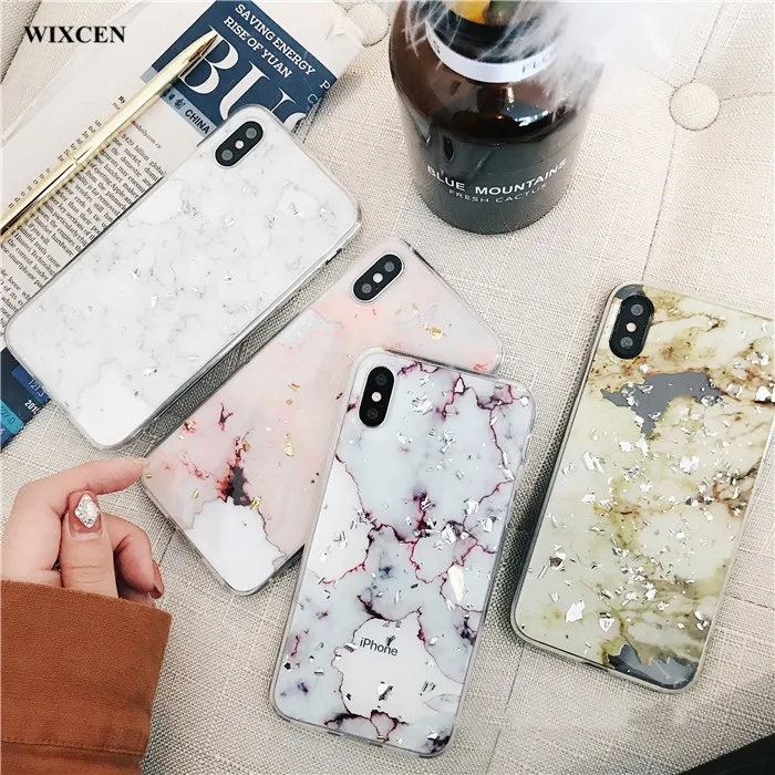 

Wixcen Fashion Plating Marble Phone Case for IPhone 7 7plus Glitter Sequins Soft Tpu Case for Iphone 6 6s 8 Plus X Back Cover