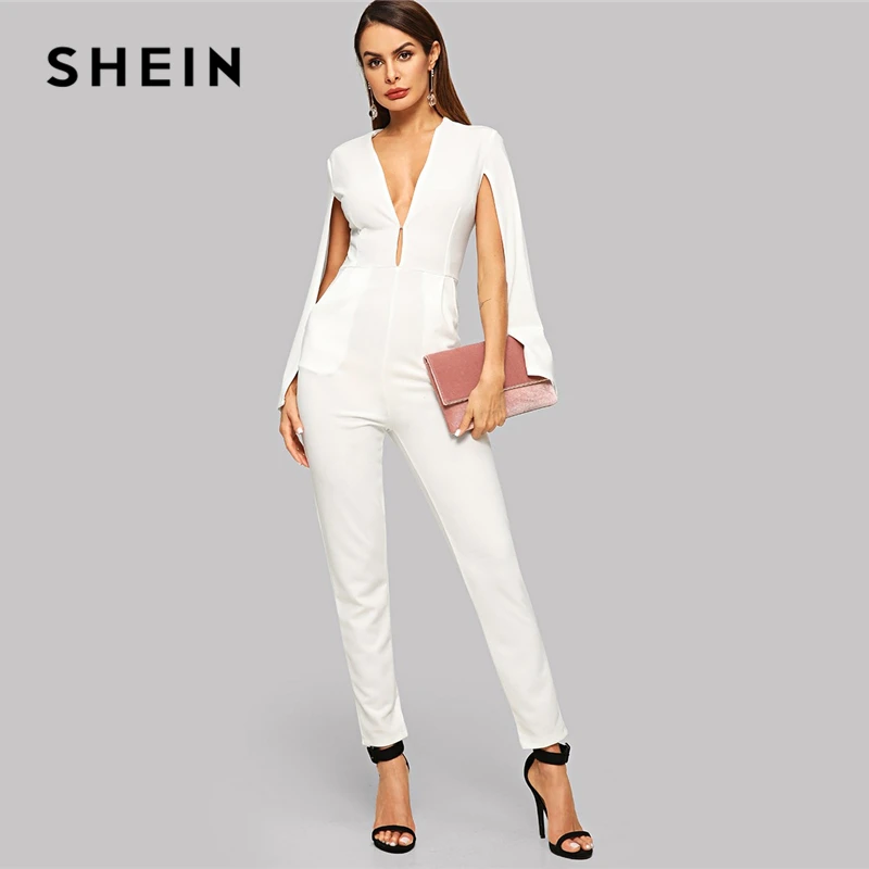 SHEIN Beige Plunging Neck Cloak Sleeve Jumpsuit Sexy Deep V Neck High