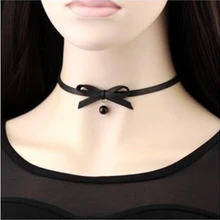 Fashion Japan Harajuku Style Black Bow Tie Fake Leather Choker Necklaces For Women Gothic Punk Crew Neck Necklace Female Jewelry