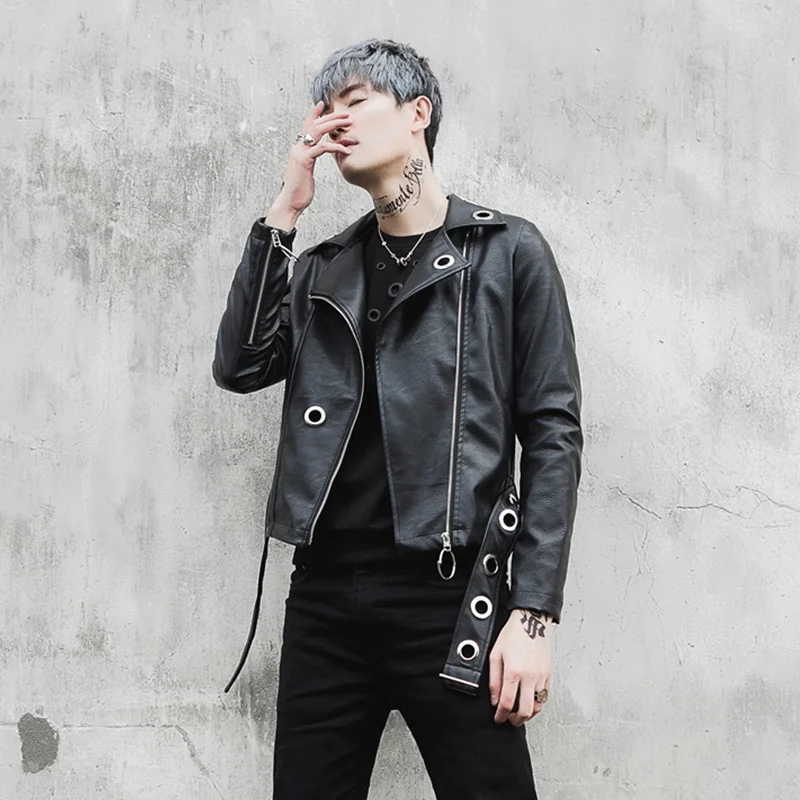 

MIXCUBIC England style costumes unique Gas hole PU leather jackets men casual washed zipper PU leather jackets coat men,M-XXL