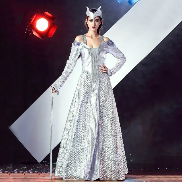 adult ice queen costume princess costume silver shiny metallic long dress full sleeve fancy dress halloween