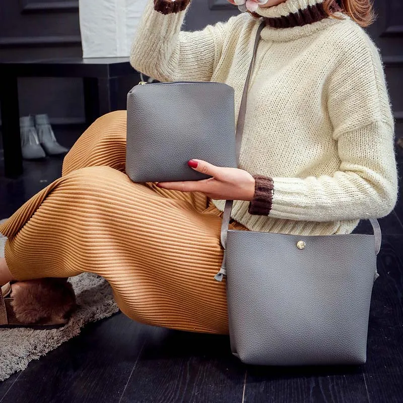 

2 Pcs/Set Fashion Korean Women Messenger Bag Ladies' PU Leather Handbag Solid Color Zipped Ladies Girls Shoulder Bags Sac A Main