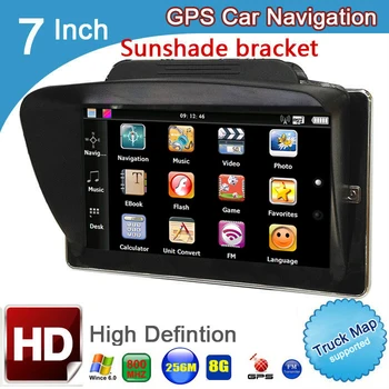

Free shipping 7 inch truck Bluetooth Navigation DDR3 256M 8GB FM 800*480 windows CE 6.0 vehicle car GPS navigator with sunshade