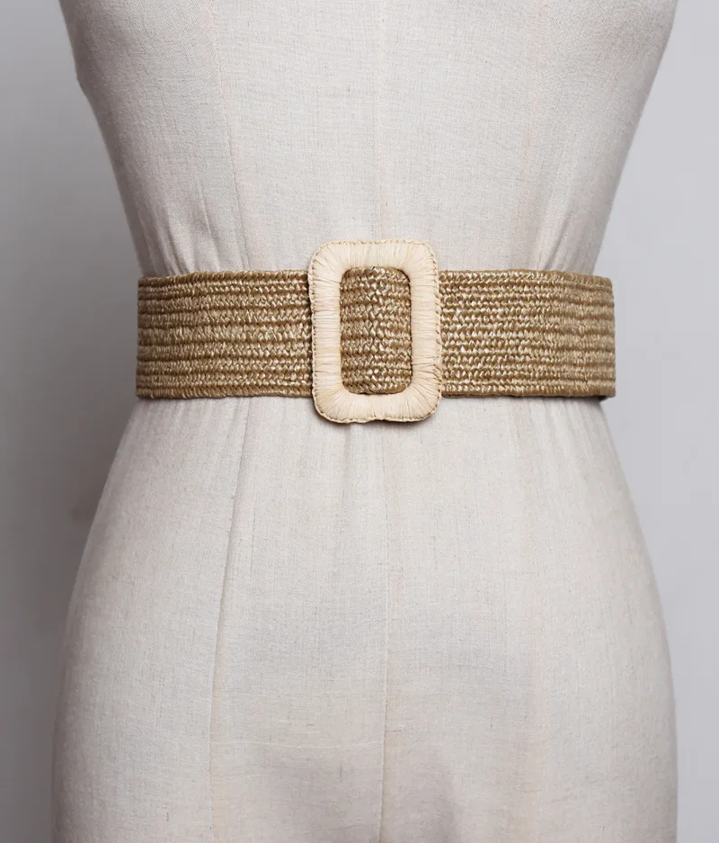 

Wooden Buckle Dress Belt For Women Casual Female Braided Wide Strap Female Designer Woven Girls Elastic PP Straw Belts BZ248