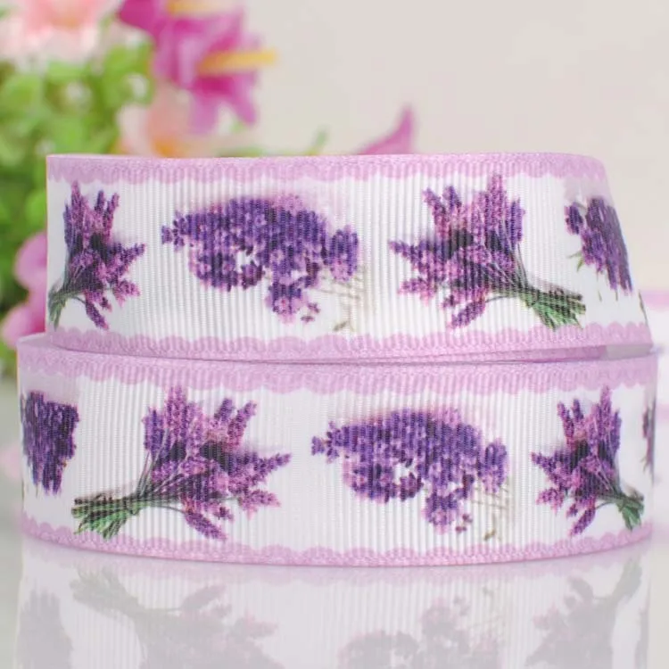20Y 7/8"22mm Purple lavender flower ribbon Printed, grosgrain ribbon