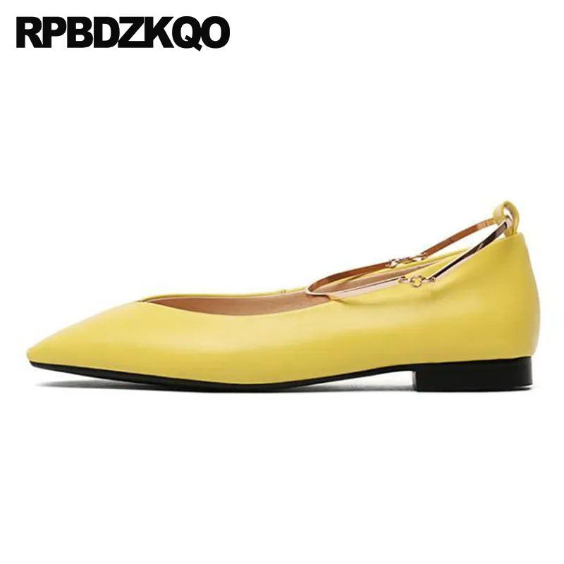 

designer real leather genuine ankle strap pink metal shoes square toe yellow ballerina soft ballet flats women luxury slip on