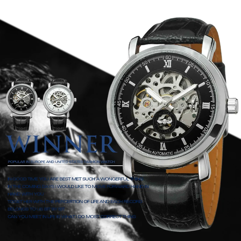 

T-Winner Men's Analog Watch New Fashion Skeleton Automatic Self-Wind Black Leather Strap Best Gift Latest Wristwatch