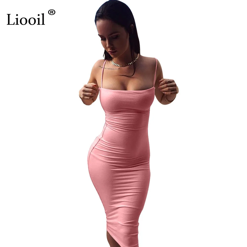 Liooil Sexy Spaghetti Strap Midi Dress Sleeveless Backless Bodycon Bandage Black Blue Red Celebrity Women Party Dresses Clubwear