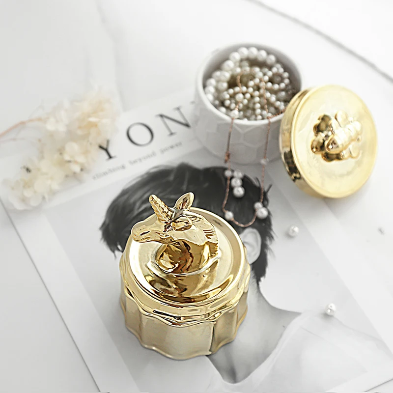 Golden Unicorn Little Bee Jewelry Box  Ceramic Ring Earrings Bracelets Necklaces Organizer Creative Storage Box