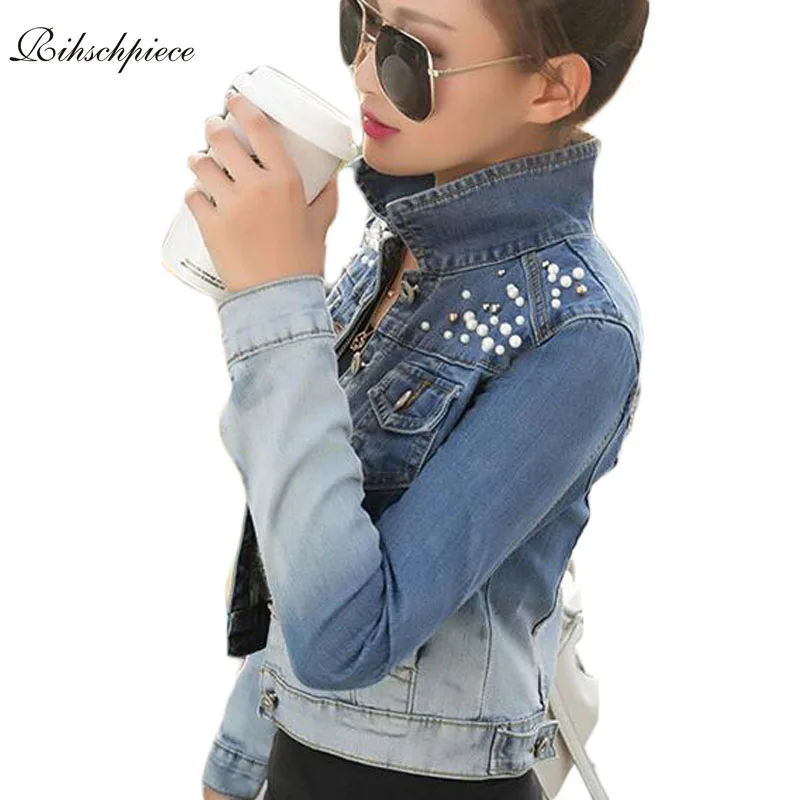 Rihschpiece Spring Denim Jacket Women Short Jeans Jacket Women Basic Coats Pearls Harajuku Slim Coat RZF143