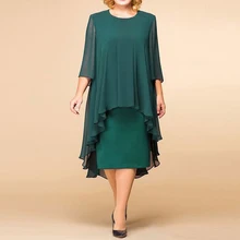 Elegante Ruffles Mid-calf Vestidos Verão 2018 Mulheres Sexy Chiffon Patchwork O Pescoço 3/4 Manga Vestido de Festa Plus Size vestidos Largos