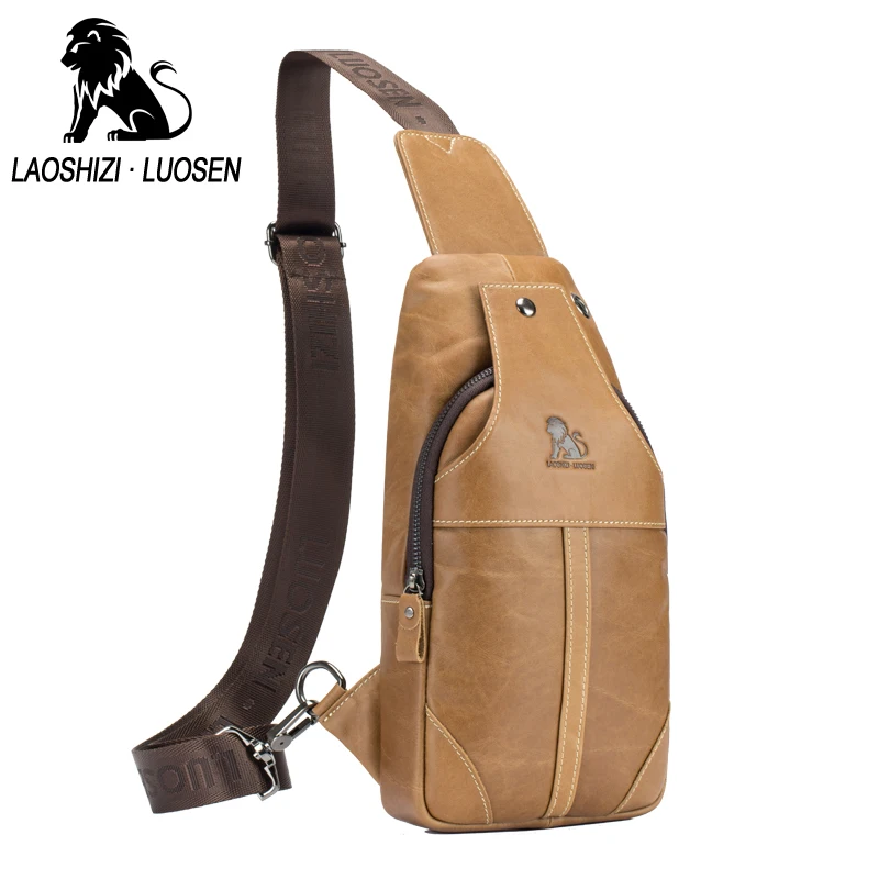 

LAOSHIZI LUOSEN Brand Genuine Leather Men Shoulder Messenger Bag Chest Bags Pack Casual Male Cow Leather Crossbody Bag