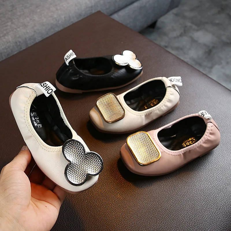 

2019 New Fashion Girls Shoes Slip on Flat Metal Ballet Flats Baby Princess Shoes Soft Party Shoes Toddlers Non-slip Boat Shoes