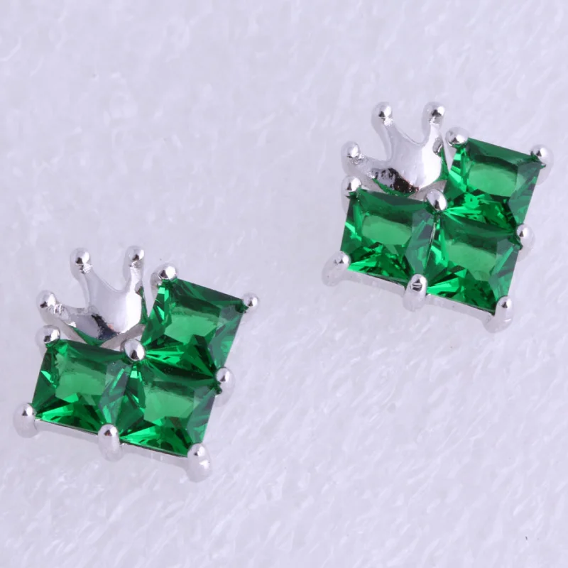 

Love Monologue Small Crown Green Crystal Silver Color Stud Earring for Women Free Gift Bag X0506