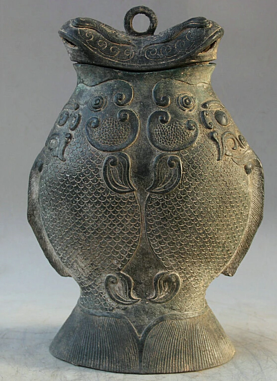 

Elegant old S2198 14" Old Chinese dynasty Bronze Folk Two Fish water vessel kettle Pot Jar Crock (A0321)