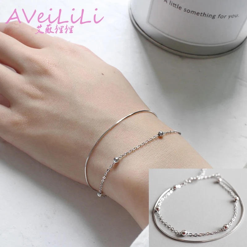 Женские браслеты из стерлингового серебра 925 пробы, ювелирные изделия, двухслойный крест, бисерная цепочка, змейка, цепочка, браслет с покрытием из белого золота