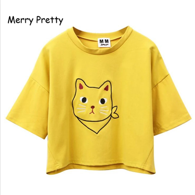 

MERRY PRETTY Women Animal Cat Embroidery Crop Top 2018 Sweet Style Girl Cute Short Sleeve T Shirt Cotton Summer Kawai Tee Shirt