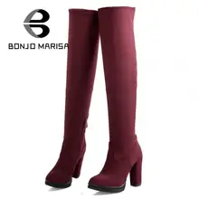 BONJOMARISA New Big Size 32-43 Autumn Winter Shoes Women Over Knee Thigh High Boots Sapatos Femininos High Heels Flock Zip Boots