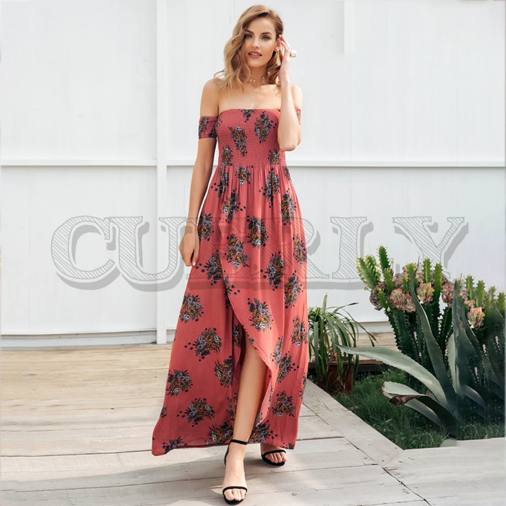 

CUERLY Off shoulder print backless maxi summer dress women High waist long dress Casual beach boho dress female vestidos 2019