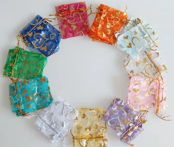 

100PCS Open Heart Design Beam mouth accessories receive Organza Bags earrings jewelry bag Pouches Candy Gift Bag 11colors 7X9cm