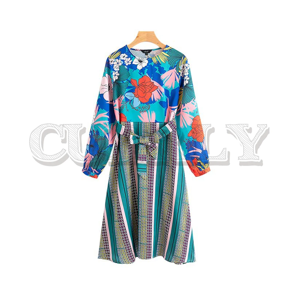 CUERLY women floral print midi dress bow tie sashes long sleeve female casual mid calf dresses