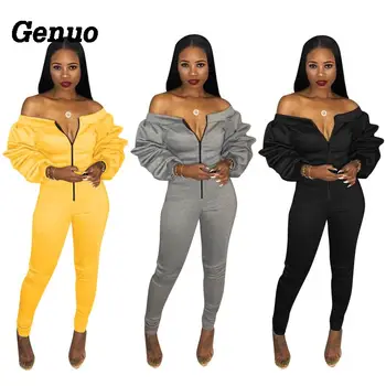 

Genuo Women Sexy Club Jumpsuit Zipper Front Slash Neck Off Shoulder Long Puff Sleeve Thick Romper Fashion Casual Overalls