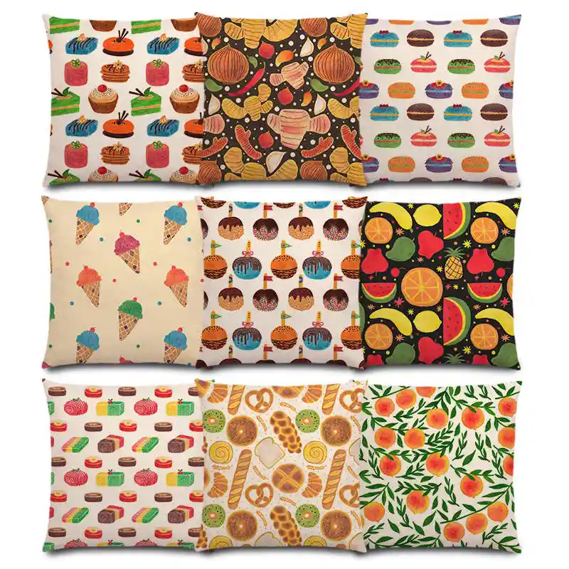 Cute Cartoon Delicious Food Funny Little Thing Hamburger Ice Cream Bread Fruit Dessert Cushion Cover Sofa Throw Pillow Case