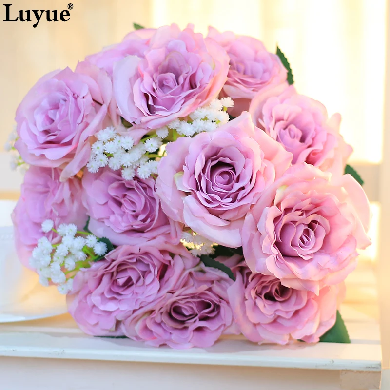 

Luyue Artificial Flower 12 Heads/bouquet France Hand Drawn Artistic Roses Bouquets For Wedding Home Decor Gypsophila Baby breath