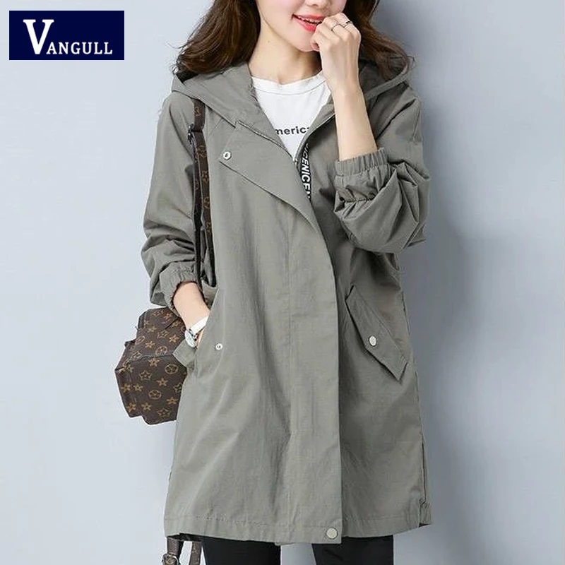 Vangull Women Trench Coat Female Long Sleeve Thin Hooded Wind Coat Autumn New Plus Size Loose Zipper Adjust Waist Outerwear