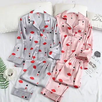 

Women Pajama Sets Print Pyjamas Women Satin Flamingo Sleepwear 2019 Spring Elegant Silk Home Wear Fashion Pijama
