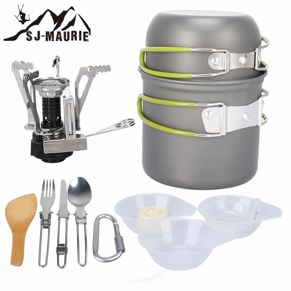 SJ-Maurie al aire libre vajilla de Picnic portátil Camping olla con cocina cuchillo tenedor cuchara de aleación de aluminio utensilios de cocina que cocina la herramienta
