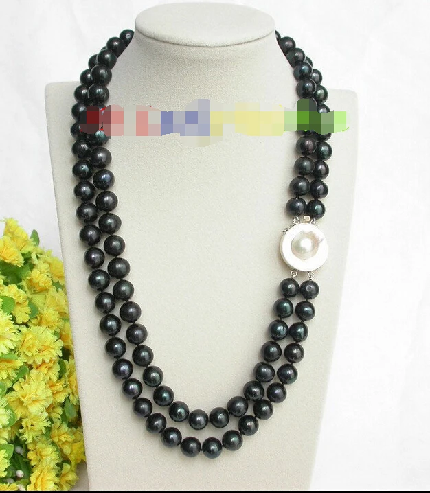 

22"-23" 12mm 2 Strands round black pearls necklace mabe 925ss clasp j8238^^^@^Noble style Natural Fine jewe FREE SHIPPING