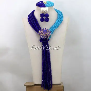 

Sky Blue/Royal Blue Nigerian Crystal Beads Set African Wedding Bridal Necklace Jewelry Sets High Quality Free Shipping AIJ812