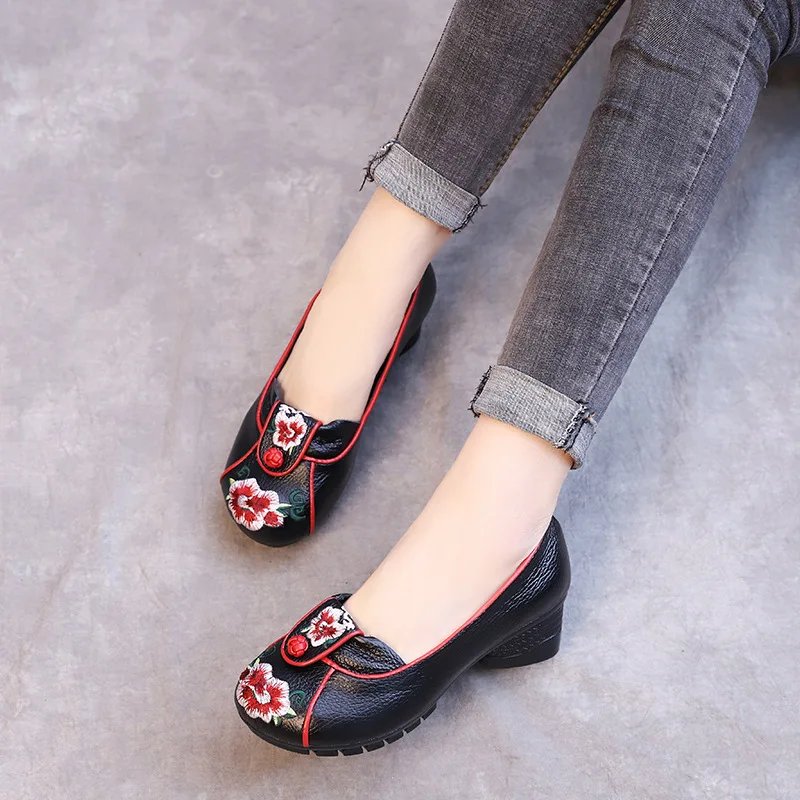 

Summer Genuine Leather Women Shoes Thick Med Heels Lady Office Work Embroider Shoes Spring Cow Leather Fall Ankle Pumps