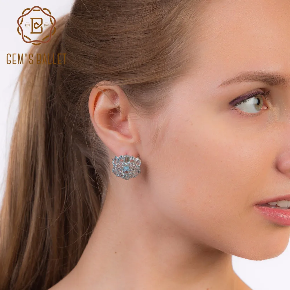 Женские серьги клипсы GEM'S BALLET Небесно Голубой топаз из натурального серебра 925