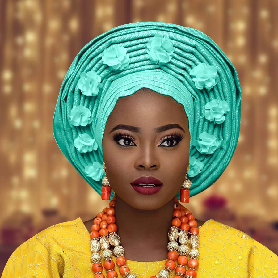 Африканский aso oke Авто геле для женщин с цветком нигерийский aso ebi головной убор для свадьбы