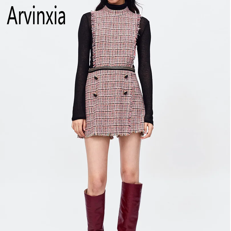 

Arvinxia ZA Vintage Plaid Tweed Woman Playsuits New Tassels Sleeveless Ladies Rompers Buttons Split O Neck Office Female Bottoms