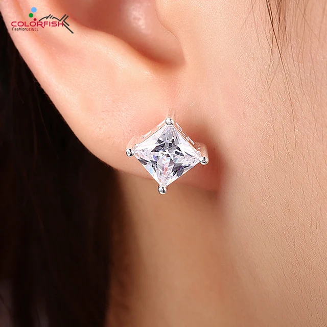 Aliexpress Beli Princess Cut 2 Carat Colorfish Solitaire Stud Princess Cut 2 Carat Colorfish Solitaire Stud Earring Untuk Pria Dan Wanita Fashion Perhiasan 8mm Zircon