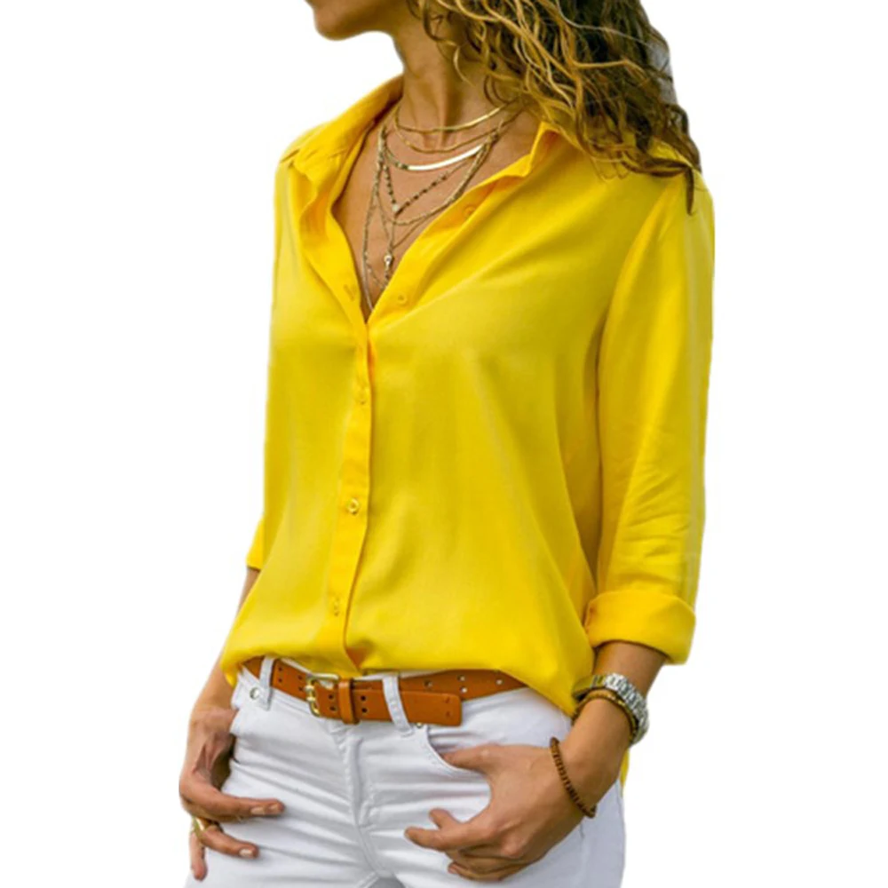 Vrouwen Geel Chiffon Blouse Sexy Herfst Lange Mouw Knop Asymmetrische