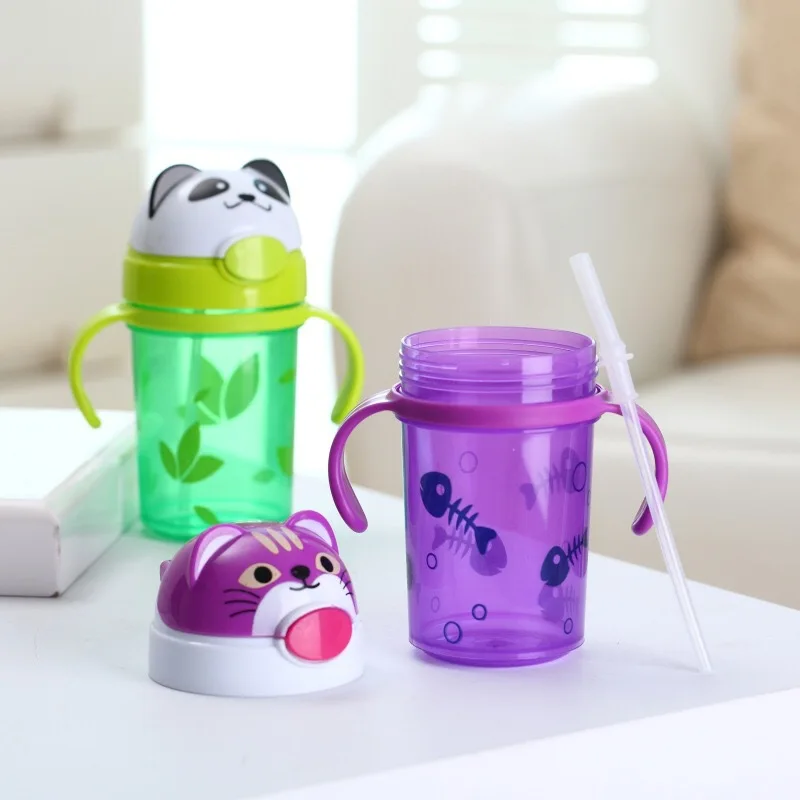 Детские Чашки для учебы, Детские ремешки с анимационными персонажами, двойная ручка, пластиковая соломинка, стеклянная чашка, 360 градусов, герметичная экобутылка