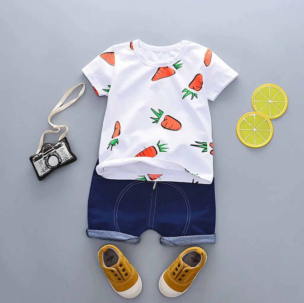 

Toddler Baby Kids Boys Carrots Round Neck T-shirt Tops Tee Solid Short Jeans Casual Outfit Baby Sets Clothing Casual Fashion