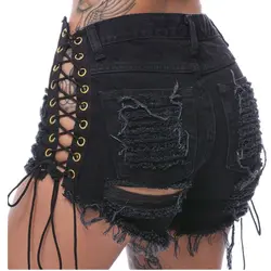 Для женщин кисточкой Короткие Джинсы женские в стиле панк Кружево Up черный джинсовые шорты сексуальные рваные Шорты Street Стиль Джинсы для