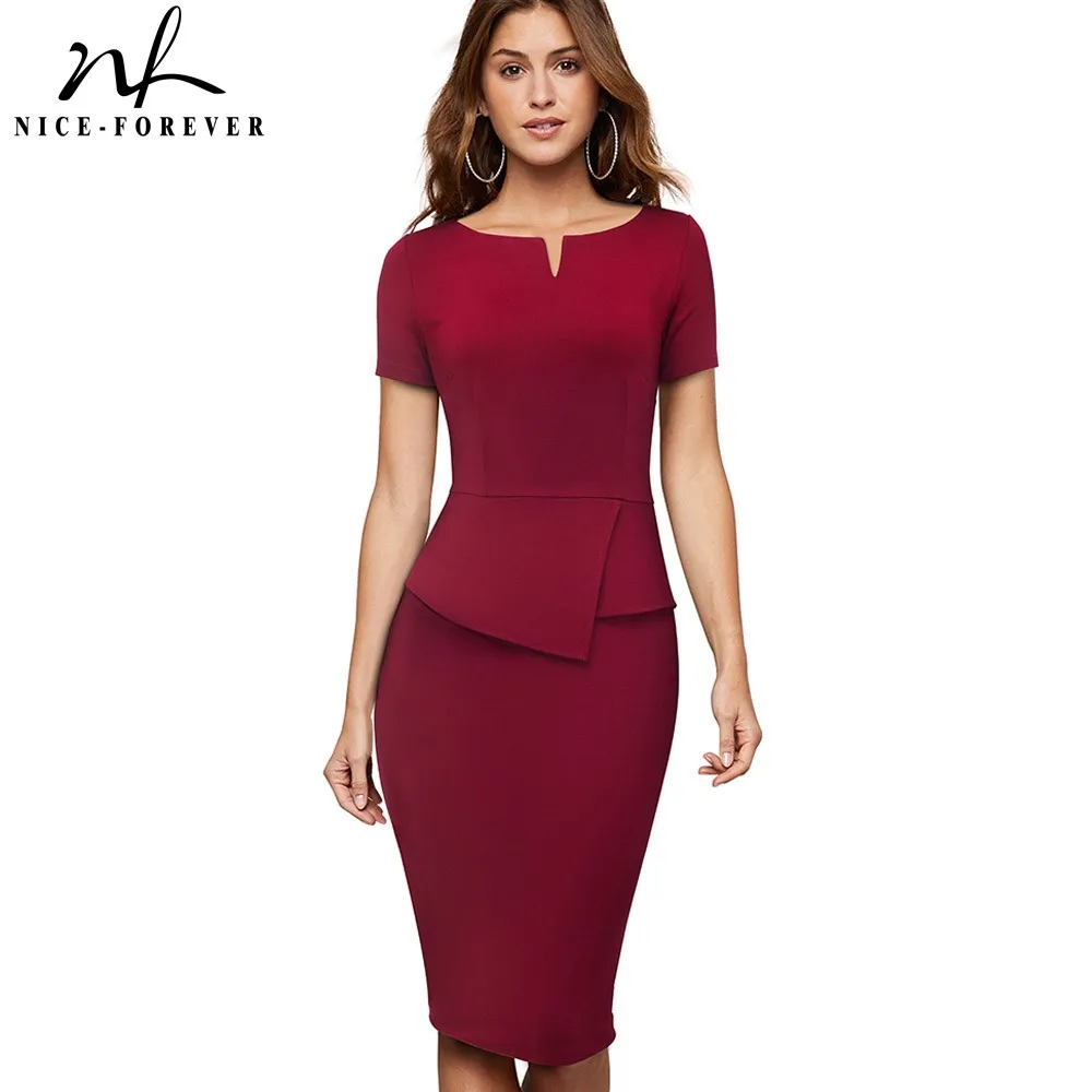 Online Nizza Für Immer Vintage Elegante Reine Farbe Tragen zu Arbeiten Schößchen vestidos Business Bodycon Büro Mantel Frauen Kleid B525
