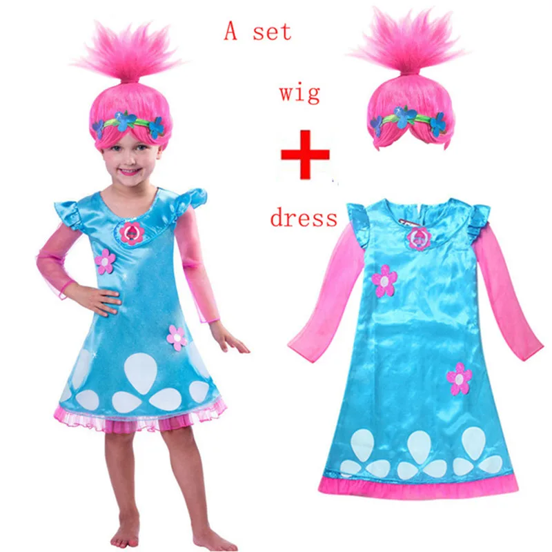 

18 Retail Troll Wig+dresses set Children Costumes For Girls Carnival Kids Costumes Moana Vaiana Dress Trolls Clothes Poppy Party