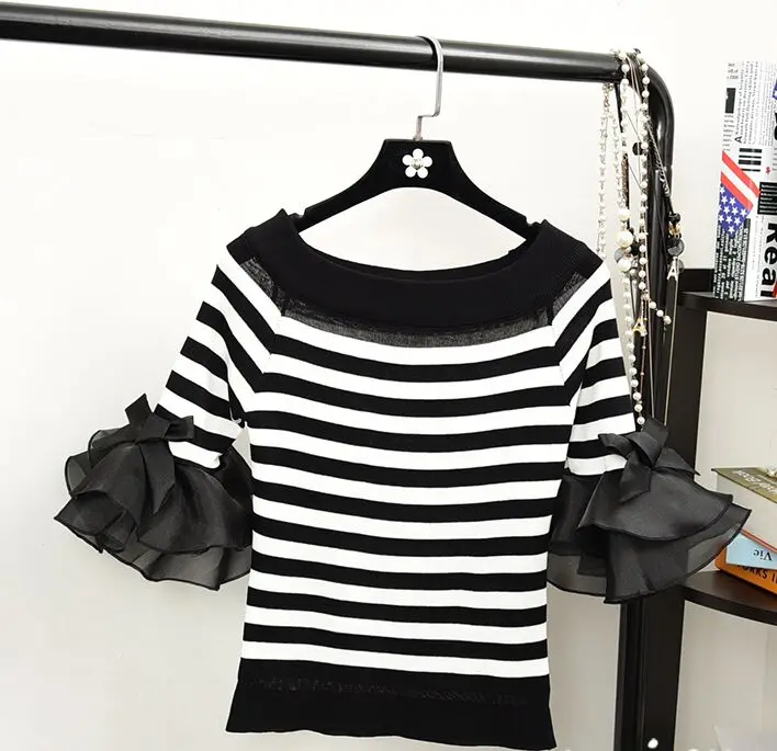 Женская модная полосатая футболка с вырезом-лодочкой, топы для девочек, трикотажная шифоновая футболка в стиле пэчворк, укороченный Топ для женщин - Цвет: black stripe