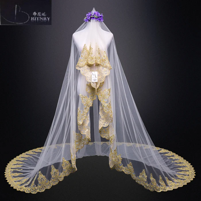 Недорогая Соборная вуаль с золотым кружевным краем vestido de noiva