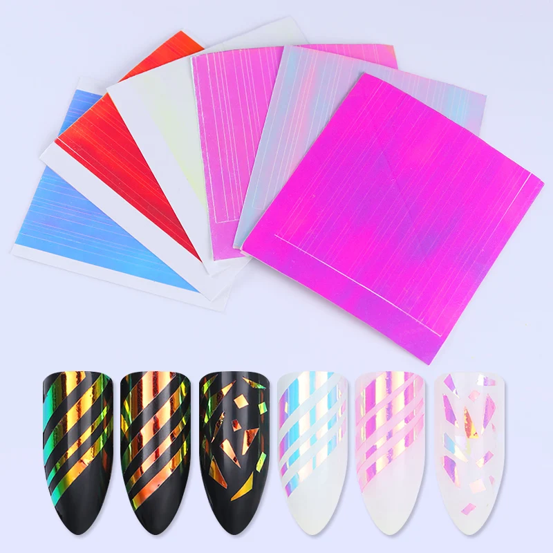 

6 Sheets Holo 3D Nail Sticker Ultra Thin Laser Adhesive Transfer Stickers Line Candy Nail Foil Decal for Nail Art Decoration