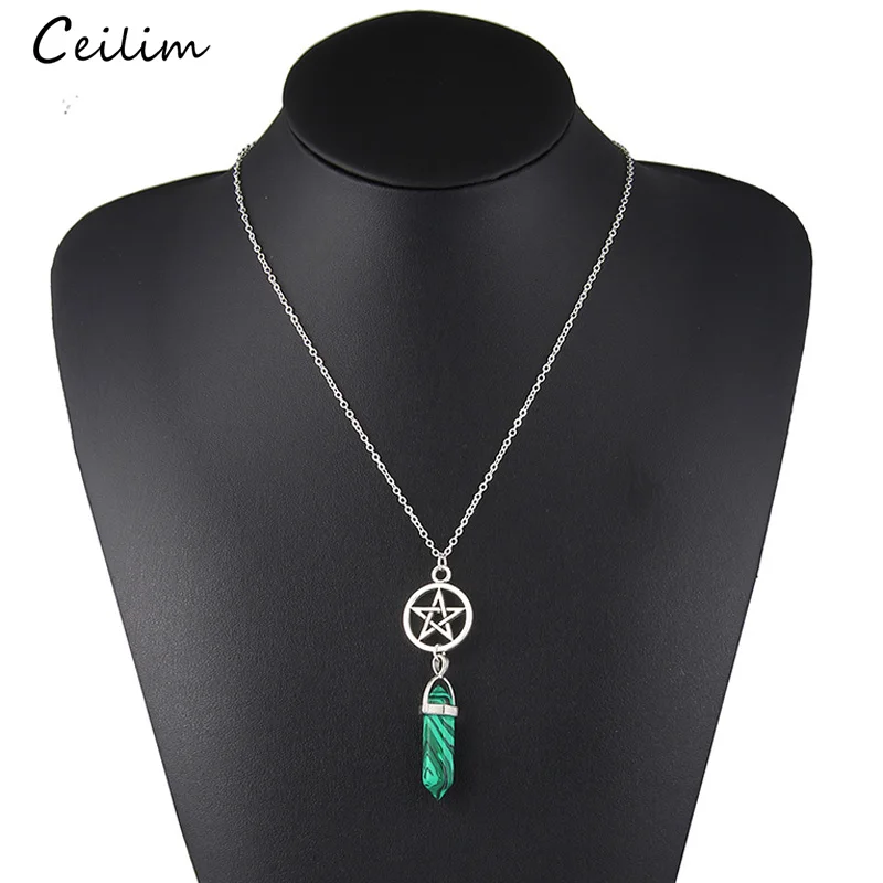 

Fashion Hexagonal Column Star Pendants Necklaces Women Silver Chain Red Black Clear Natural Stone Long Necklace Jewelry