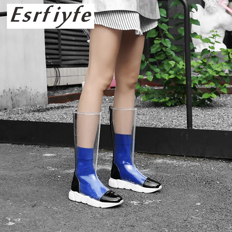 

ESRFIYFE 2019 New Sweet Female Brand Genuine Leather Spring Long Boots Women Shoes Thick Heel PVC After The Zipper Mid Calf Boot