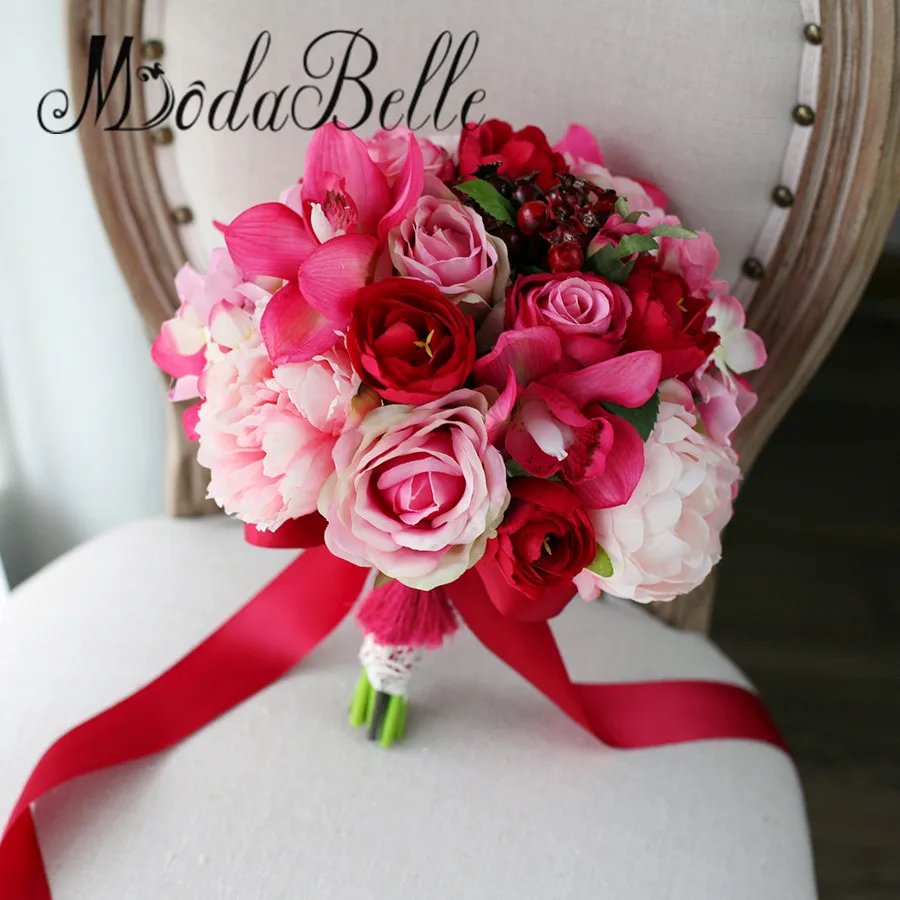 Modabelle Soie Rose Pivoine Bouquet De Mariage Rose Rouge